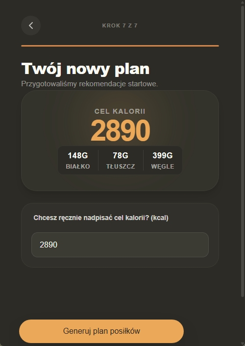 Gotowy cel kalorii i makro po 7 krokach onboardingowych.